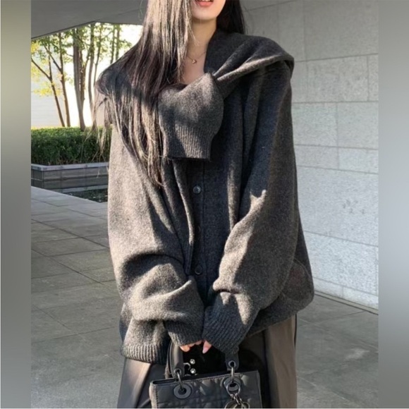 Zara 100% Wool Oversized Preppy Knotted Charcoal Grey Warm Cozy Sweater Cardigan - Picture 2 of 12